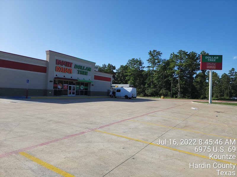 Family Dollar and Dollar Tree storefront in Kountze, Texas